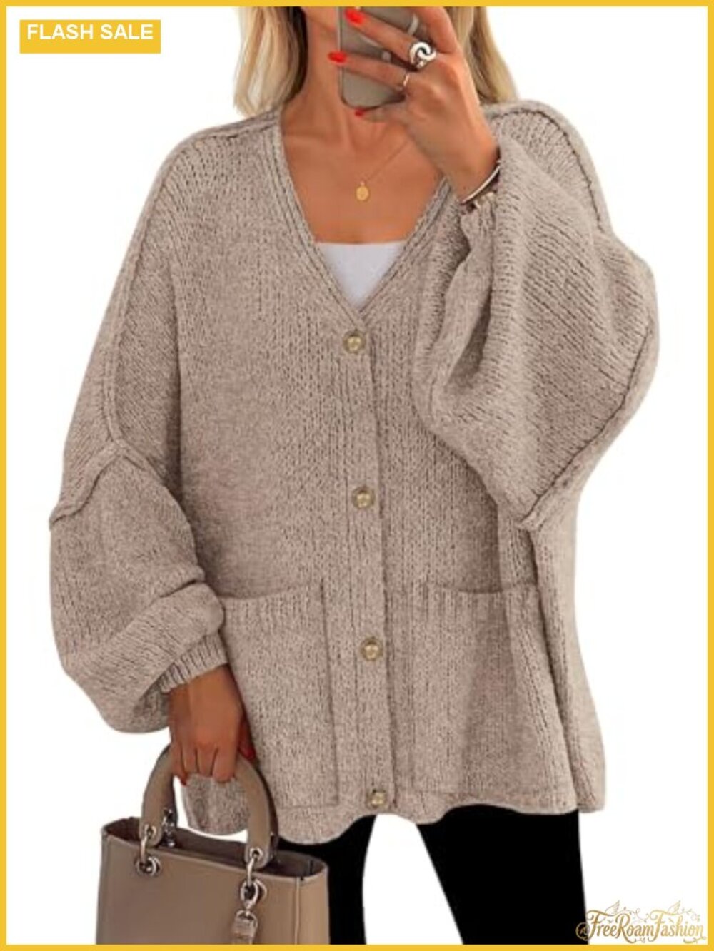 Oversized Chunky Cardigan Sweater with Lantern Sleeves and Button Down